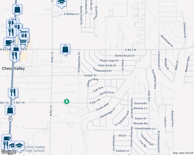 map of restaurants, bars, coffee shops, grocery stores, and more near 1390 Allerton Way in Chino Valley