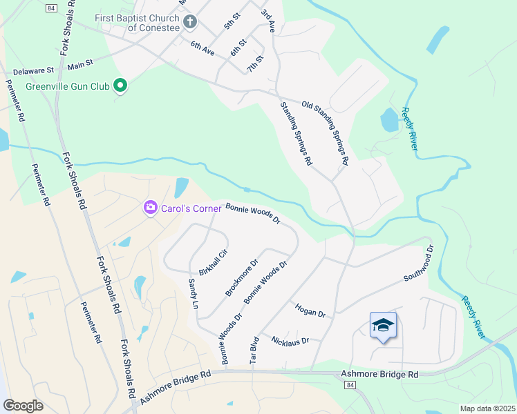map of restaurants, bars, coffee shops, grocery stores, and more near 240 Bonnie Woods Drive in Greenville