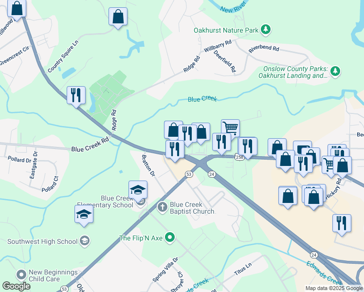 map of restaurants, bars, coffee shops, grocery stores, and more near 3060 Richlands Highway in Jacksonville