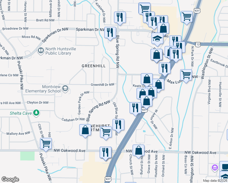 map of restaurants, bars, coffee shops, grocery stores, and more near 2400 Garden Park Drive Northwest in Huntsville