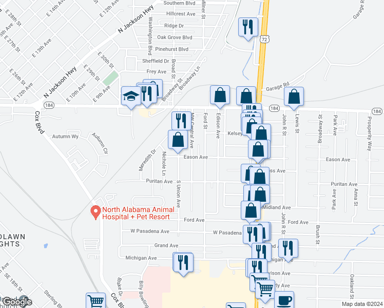 map of restaurants, bars, coffee shops, grocery stores, and more near 301 West Eason Avenue in Muscle Shoals
