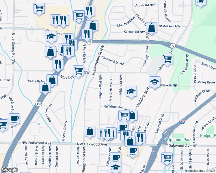 map of restaurants, bars, coffee shops, grocery stores, and more near 401 Wind Avenue Northwest in Huntsville