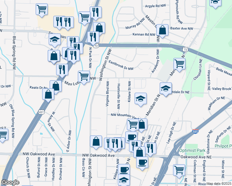 map of restaurants, bars, coffee shops, grocery stores, and more near 401 Wind Avenue Northwest in Huntsville