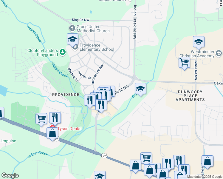map of restaurants, bars, coffee shops, grocery stores, and more near 685 Providence Main Street Northwest in Huntsville