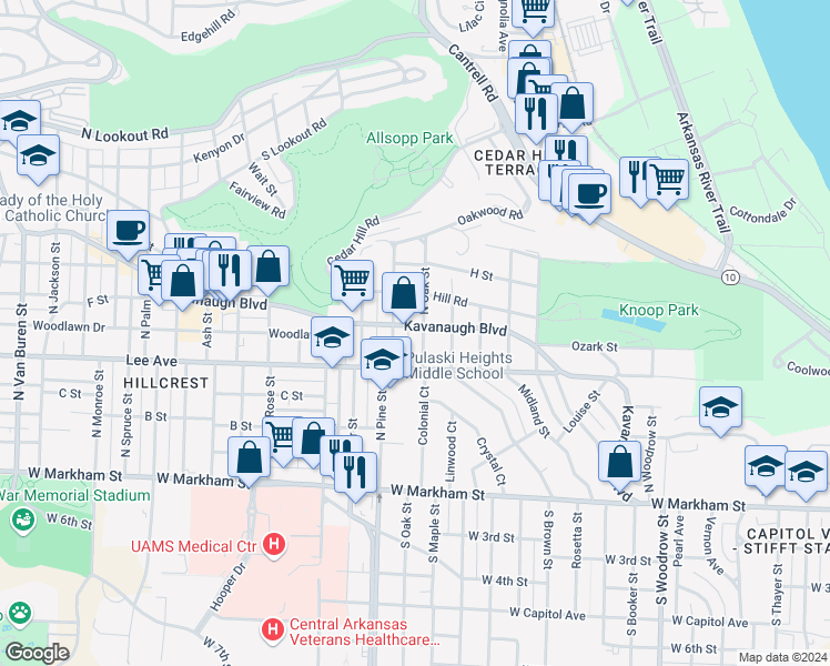 map of restaurants, bars, coffee shops, grocery stores, and more near 1923 Kavanaugh Boulevard in Little Rock