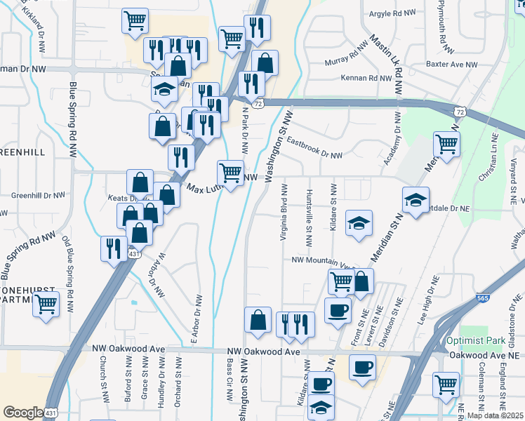 map of restaurants, bars, coffee shops, grocery stores, and more near 508 Redbud Drive Northwest in Huntsville