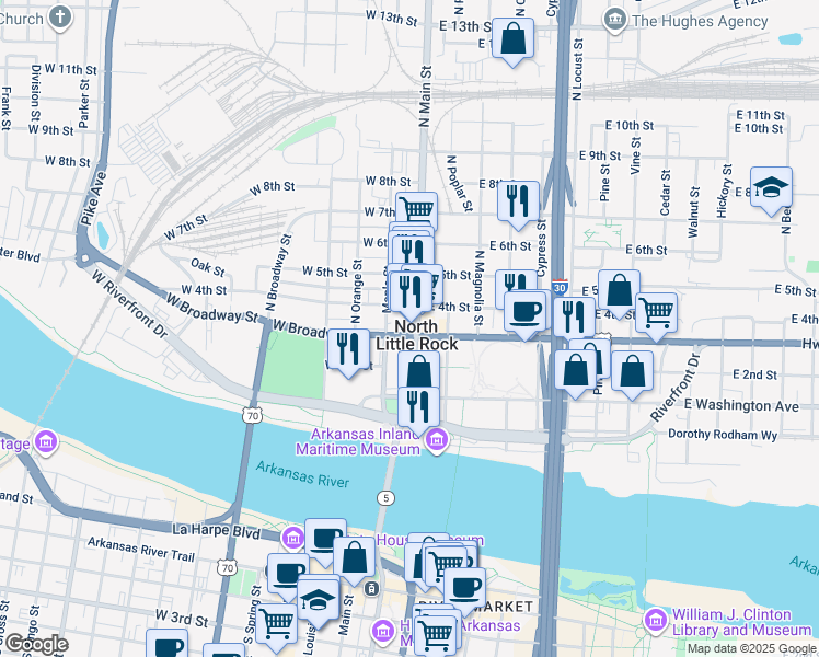 map of restaurants, bars, coffee shops, grocery stores, and more near 307 North Main Street in Little Rock