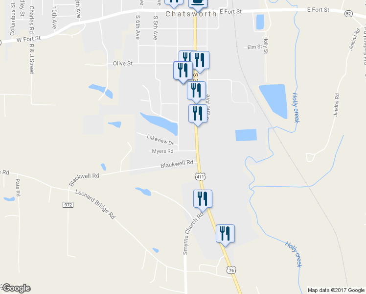 map of restaurants, bars, coffee shops, grocery stores, and more near 127 Myers Road in Chatsworth