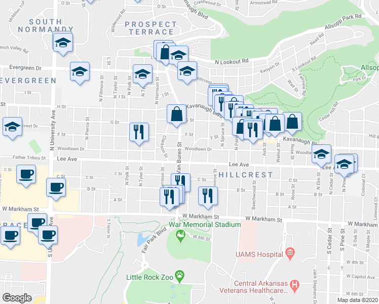 map of restaurants, bars, coffee shops, grocery stores, and more near 5001 Woodlawn Street in Little Rock