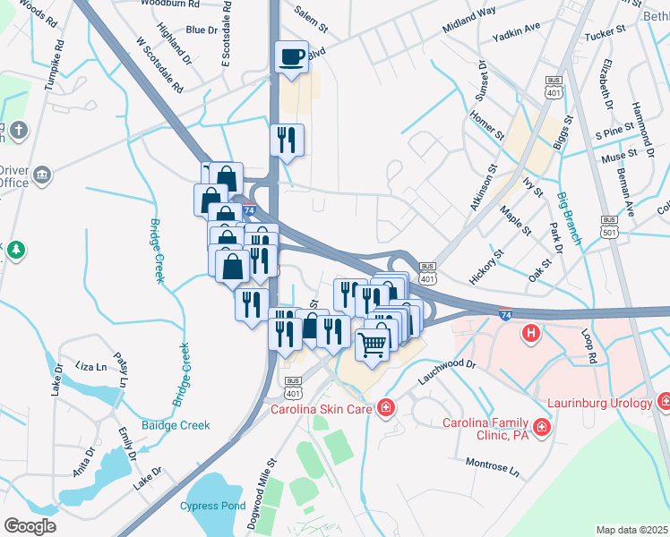 map of restaurants, bars, coffee shops, grocery stores, and more near 2024 Old Charleston Circle in Laurinburg