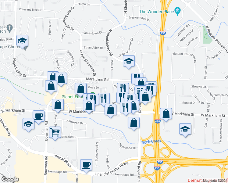 map of restaurants, bars, coffee shops, grocery stores, and more near 315 Malibu Drive in Little Rock