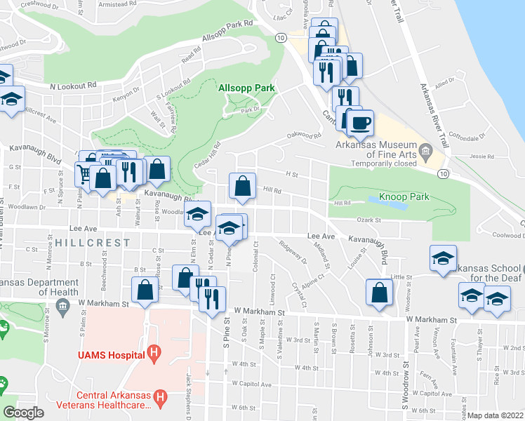 map of restaurants, bars, coffee shops, grocery stores, and more near 1915 Kavanaugh Boulevard in Little Rock