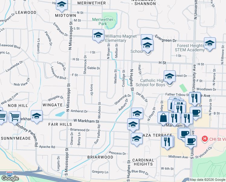 map of restaurants, bars, coffee shops, grocery stores, and more near 505 Mellon Street in Little Rock