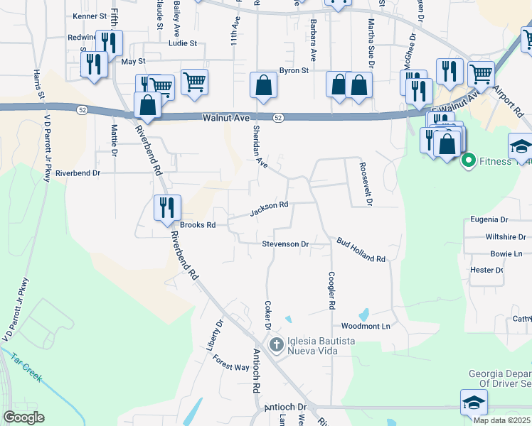 map of restaurants, bars, coffee shops, grocery stores, and more near 1316 Jackson Road in Dalton