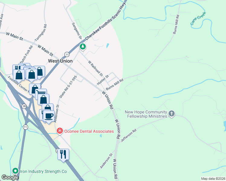 map of restaurants, bars, coffee shops, grocery stores, and more near 110 Burns Mill Road in West Union