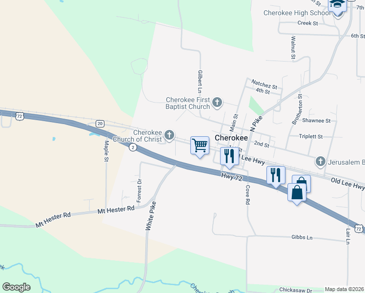 map of restaurants, bars, coffee shops, grocery stores, and more near Old Lee Hwy in Cherokee