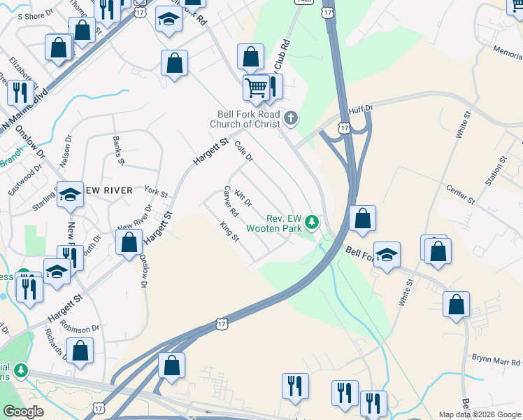 map of restaurants, bars, coffee shops, grocery stores, and more near 117 Kitt Drive in Jacksonville