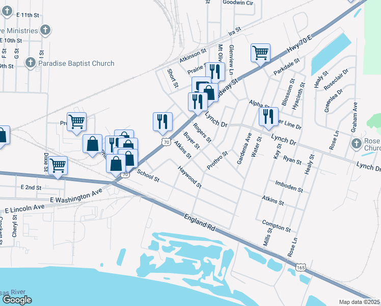 map of restaurants, bars, coffee shops, grocery stores, and more near 4513 Atkins Street in North Little Rock
