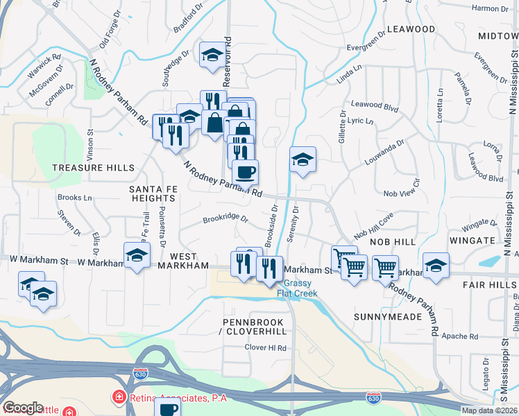 map of restaurants, bars, coffee shops, grocery stores, and more near 6 Brookside Circle in Little Rock
