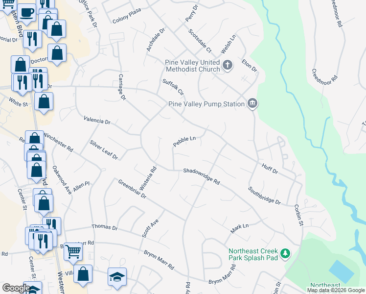map of restaurants, bars, coffee shops, grocery stores, and more near 105 East Pebble Court in Jacksonville