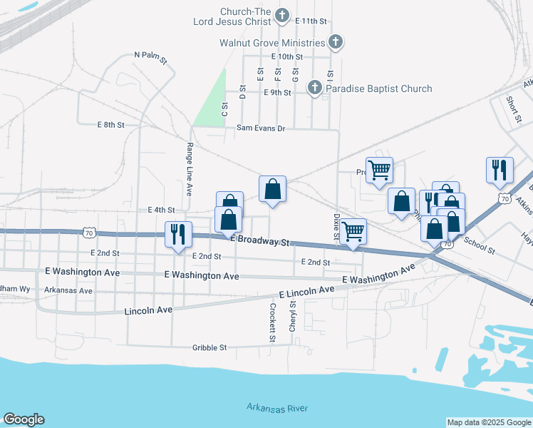 map of restaurants, bars, coffee shops, grocery stores, and more near 401 Dixie Lane in North Little Rock