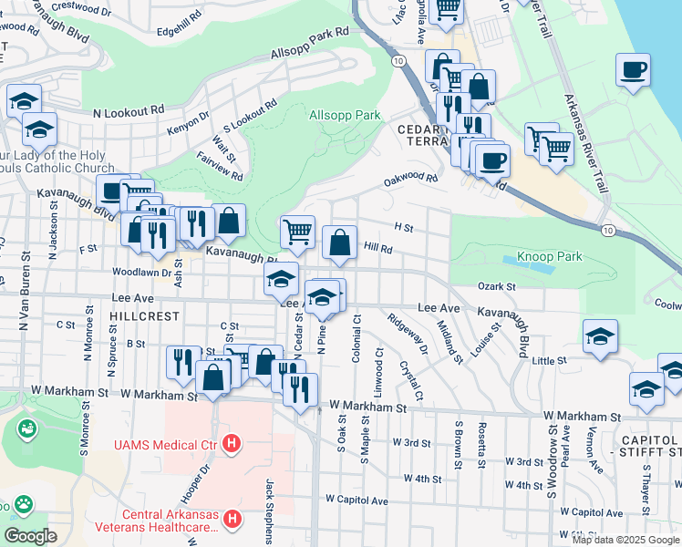 map of restaurants, bars, coffee shops, grocery stores, and more near 2101 Kavanaugh Boulevard in Little Rock