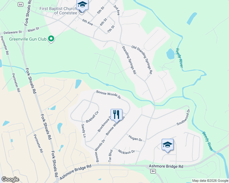 map of restaurants, bars, coffee shops, grocery stores, and more near 236 Bonnie Woods Drive in Greenville