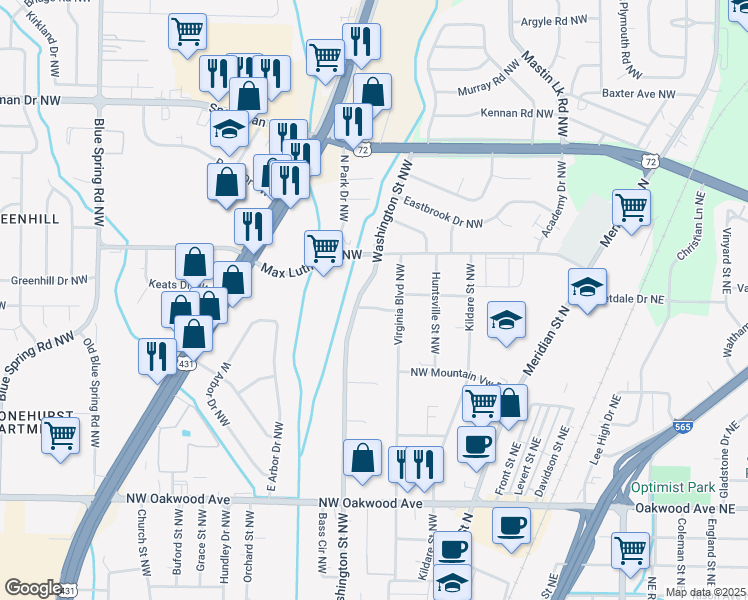 map of restaurants, bars, coffee shops, grocery stores, and more near 508 Redbud Drive Northwest in Huntsville