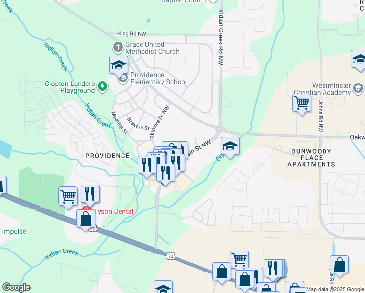 map of restaurants, bars, coffee shops, grocery stores, and more near 685 Providence Main Street Northwest in Huntsville