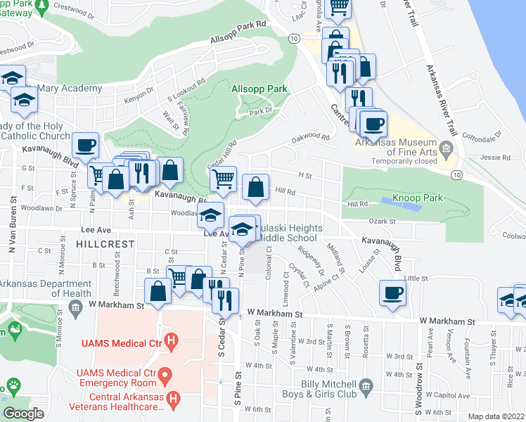 map of restaurants, bars, coffee shops, grocery stores, and more near 1923 Kavanaugh Boulevard in Little Rock