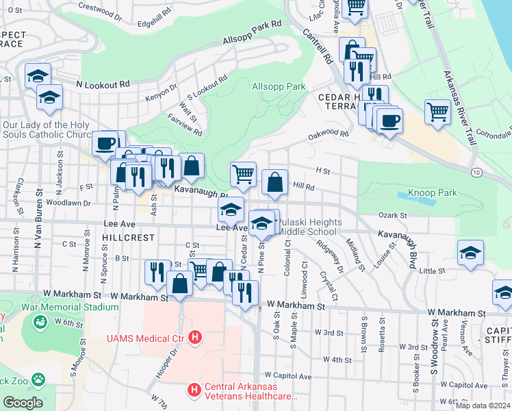 map of restaurants, bars, coffee shops, grocery stores, and more near 2101 Kavanaugh Boulevard in Little Rock