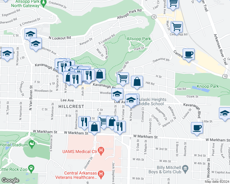 map of restaurants, bars, coffee shops, grocery stores, and more near 4110 Woodlawn Drive in Little Rock