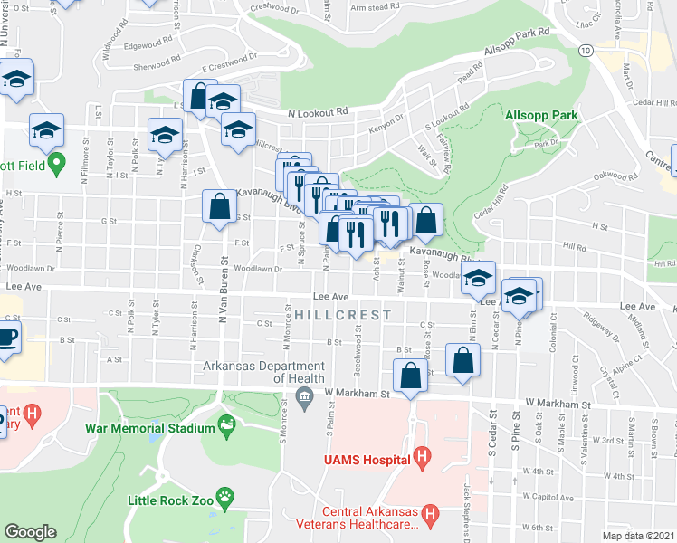 map of restaurants, bars, coffee shops, grocery stores, and more near Woodlawn Street in Little Rock