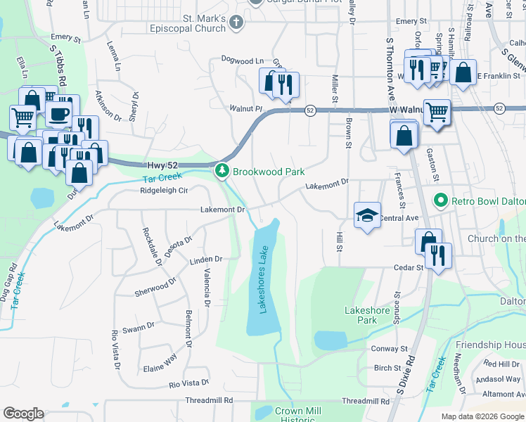 map of restaurants, bars, coffee shops, grocery stores, and more near 1001 Wimbledon Drive in Dalton