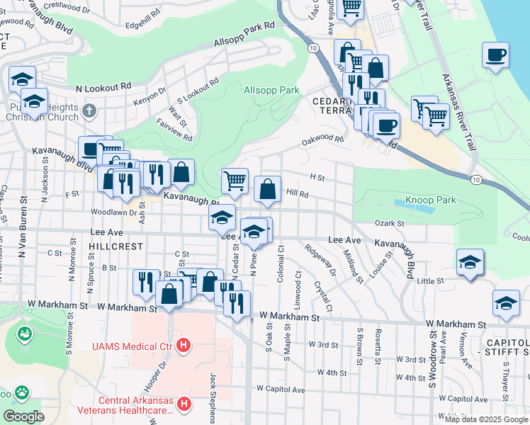 map of restaurants, bars, coffee shops, grocery stores, and more near 2101 Kavanaugh Boulevard in Little Rock