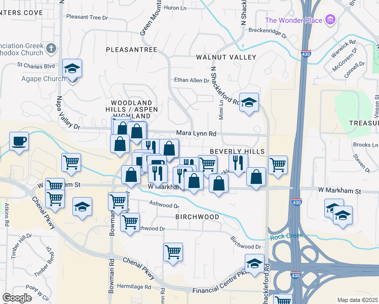 map of restaurants, bars, coffee shops, grocery stores, and more near 11401 Mesa Drive in Little Rock