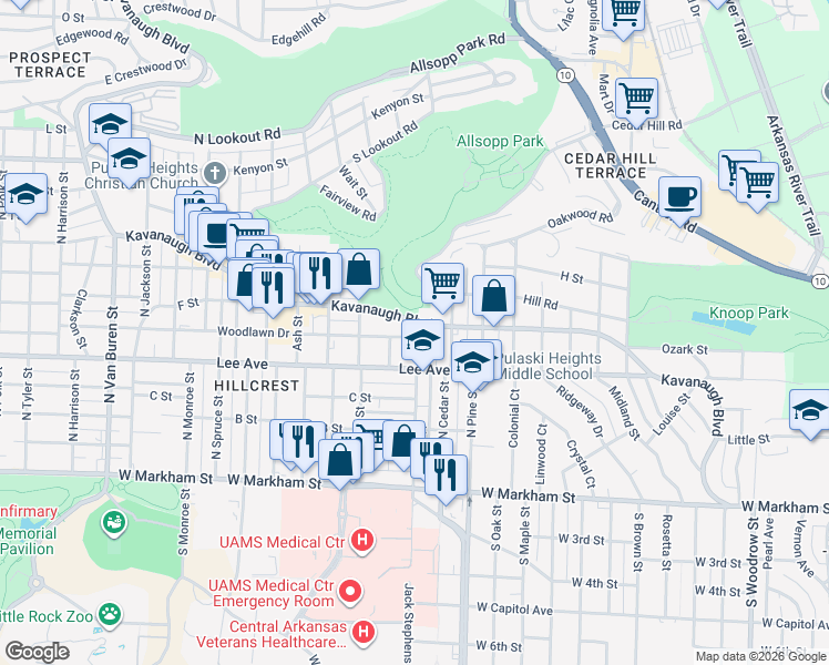 map of restaurants, bars, coffee shops, grocery stores, and more near 4110 Woodlawn Drive in Little Rock