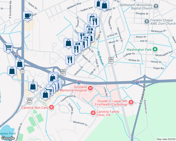 map of restaurants, bars, coffee shops, grocery stores, and more near 1518 Chestnut Street in Laurinburg