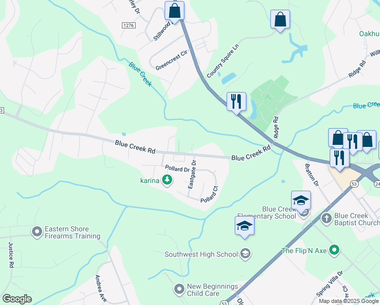map of restaurants, bars, coffee shops, grocery stores, and more near 1186 Blue Creek Road in Jacksonville