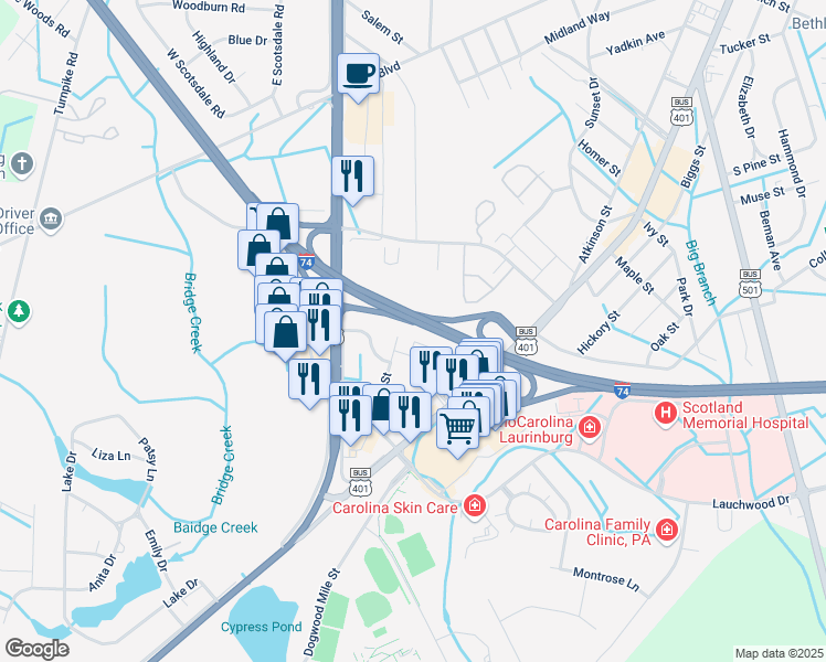 map of restaurants, bars, coffee shops, grocery stores, and more near 2024 Old Charleston Circle in Laurinburg