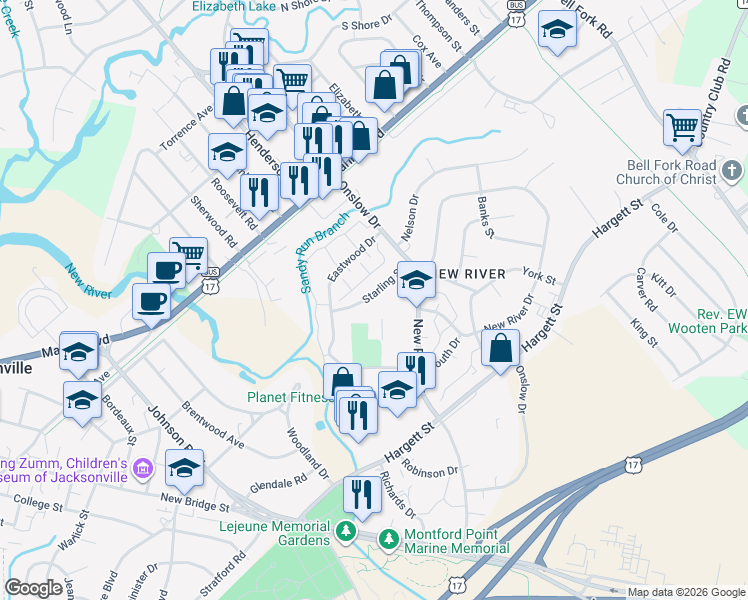 map of restaurants, bars, coffee shops, grocery stores, and more near 322 Starling Street in Jacksonville