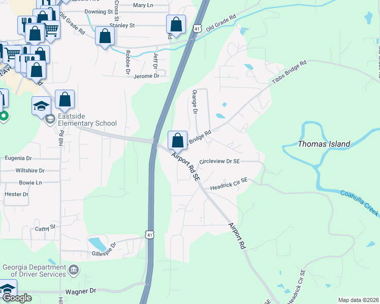 map of restaurants, bars, coffee shops, grocery stores, and more near 3400 Tibbs Bridge Road in Dalton