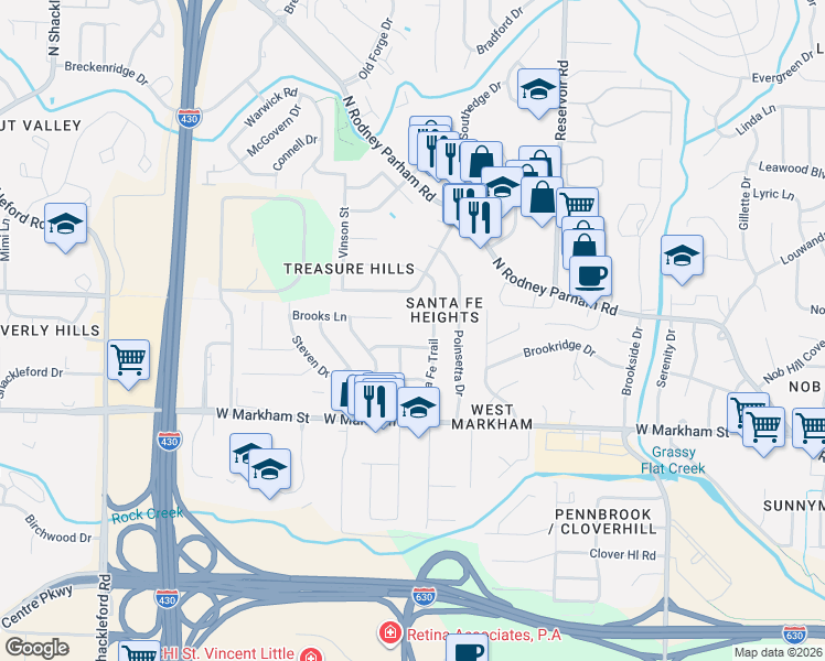map of restaurants, bars, coffee shops, grocery stores, and more near 9701 Brooks Ct in Little Rock