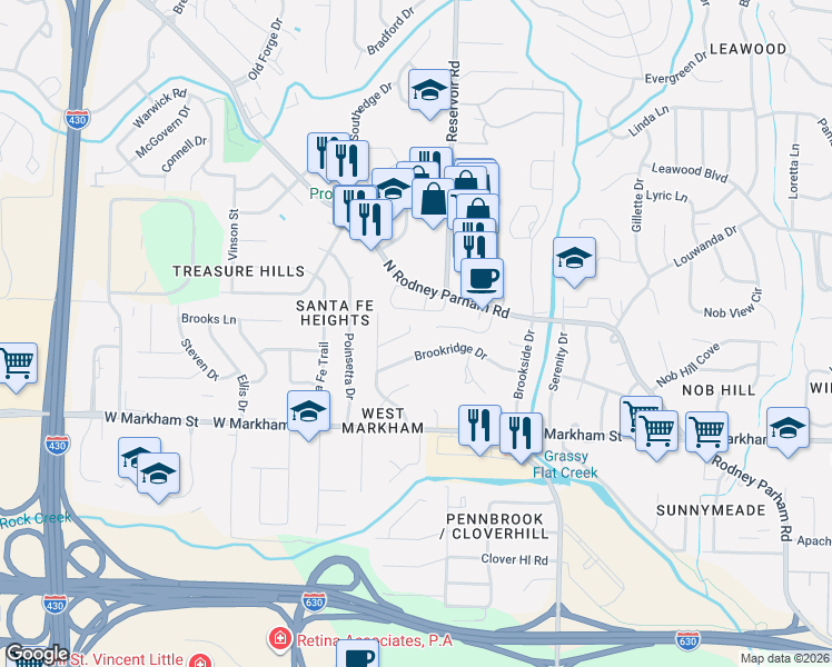 map of restaurants, bars, coffee shops, grocery stores, and more near 15 Kordsmeier Court in Little Rock