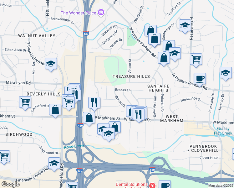map of restaurants, bars, coffee shops, grocery stores, and more near 305 Steven Drive in Little Rock
