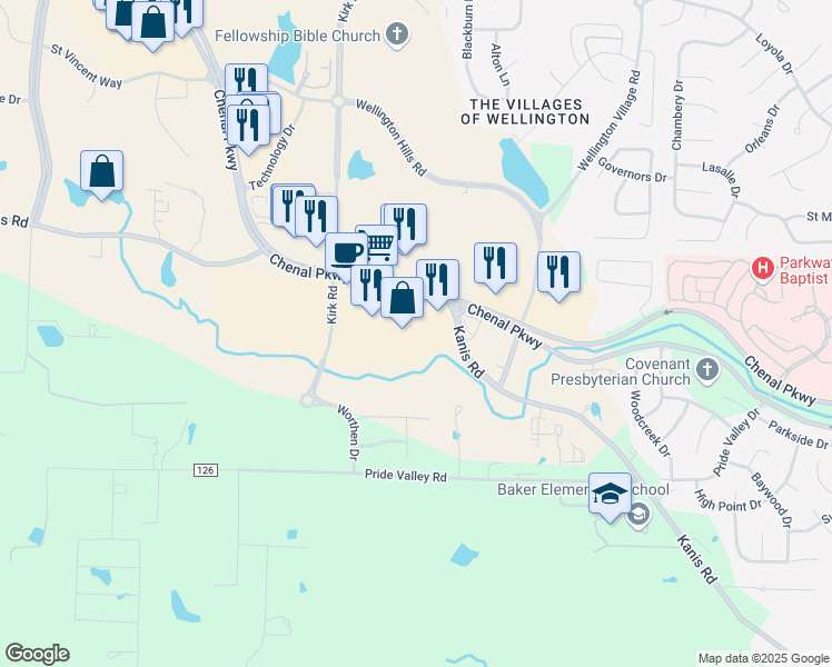 map of restaurants, bars, coffee shops, grocery stores, and more near 16103 Chenal Parkway in Little Rock