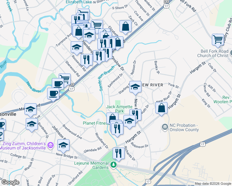map of restaurants, bars, coffee shops, grocery stores, and more near 308 Eastwood Drive in Jacksonville