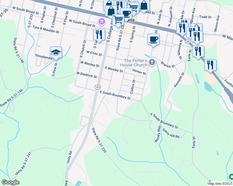 map of restaurants, bars, coffee shops, grocery stores, and more near 604 S Spring St in Walhalla