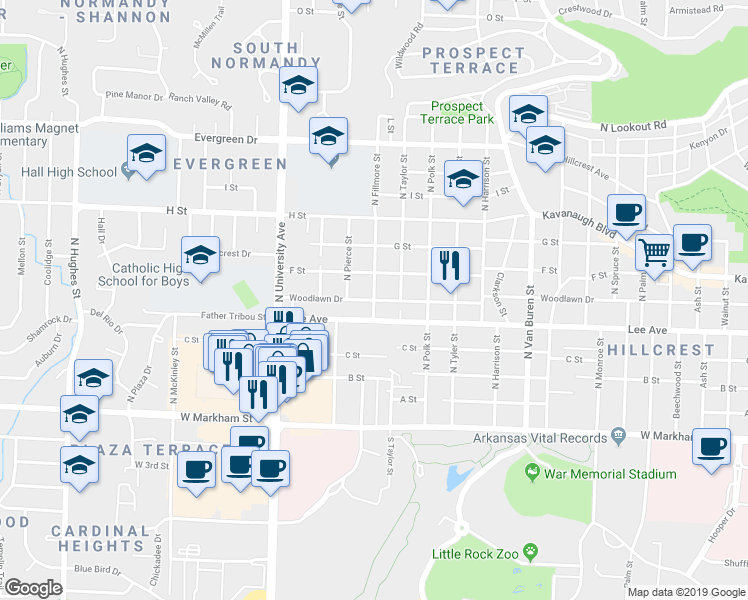 map of restaurants, bars, coffee shops, grocery stores, and more near 5700 Woodlawn Drive in Little Rock