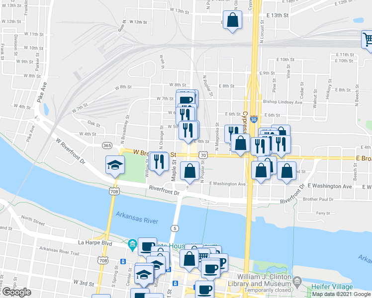 map of restaurants, bars, coffee shops, grocery stores, and more near 307 North Main Street in Little Rock